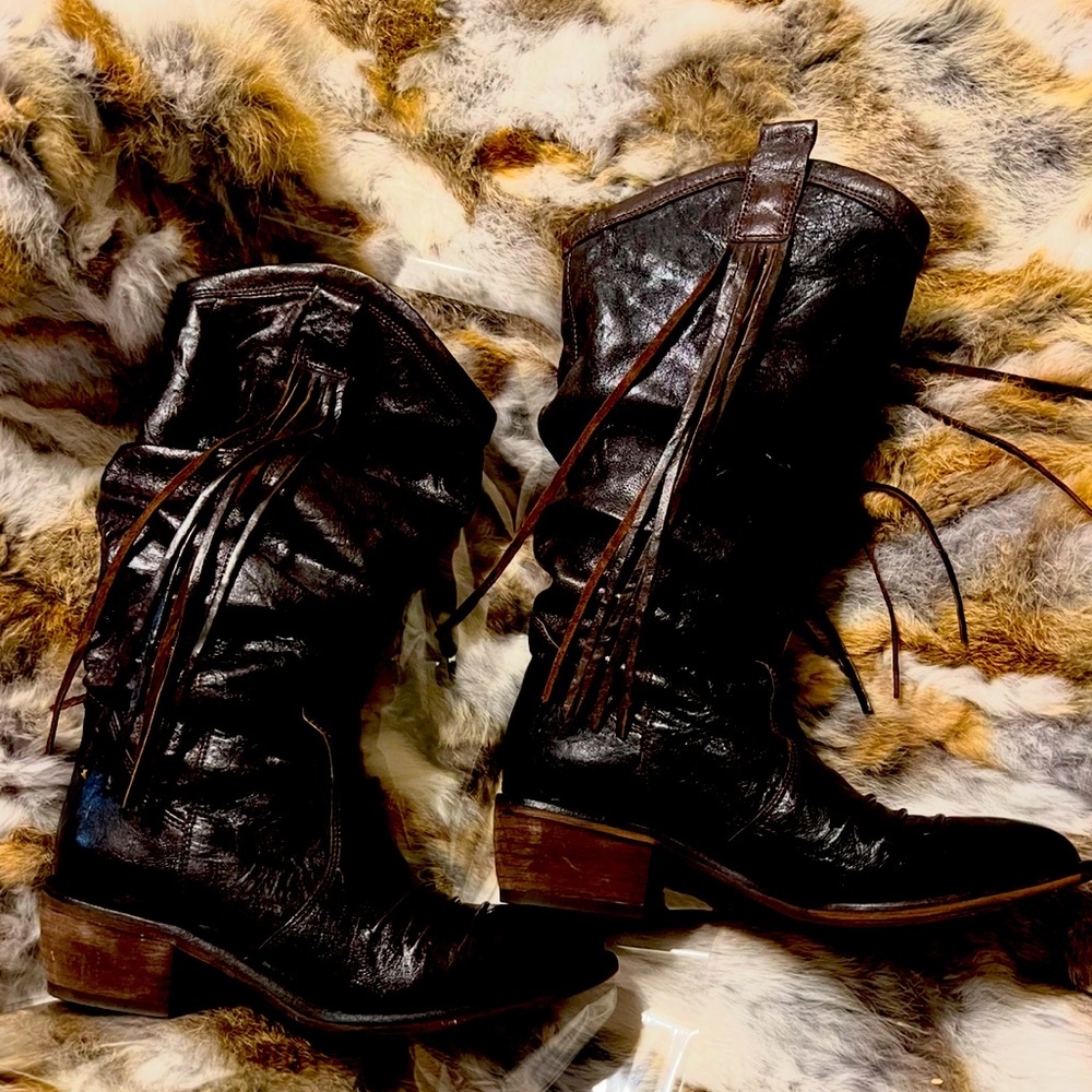 VTG  100% Leather western High Top Mid Calf Riding Boots Tassels Fringe Cowgirl